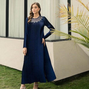 Elegant Navy Blue Pleated Silk Dress Long, with Crystal spray Neck and Straight Trouser Premium silk Satin