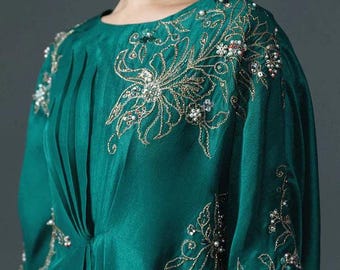 Boho Green Kaftan with Intricate Hand Work - Korean Silk