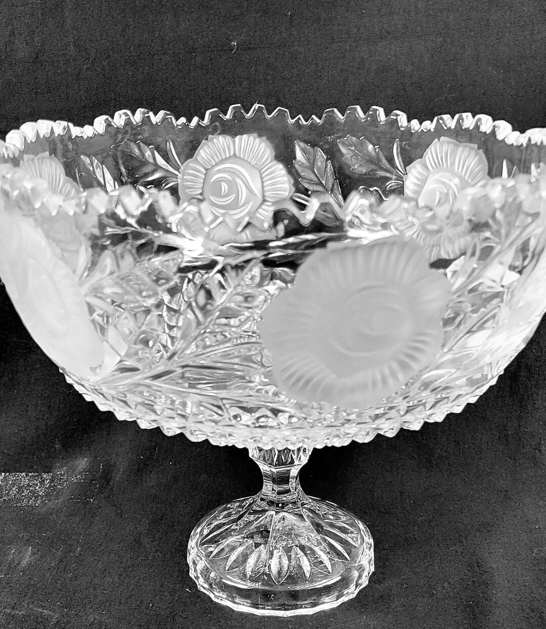 Vintage Crystal Compote Bowl With Rose Design Etsy
