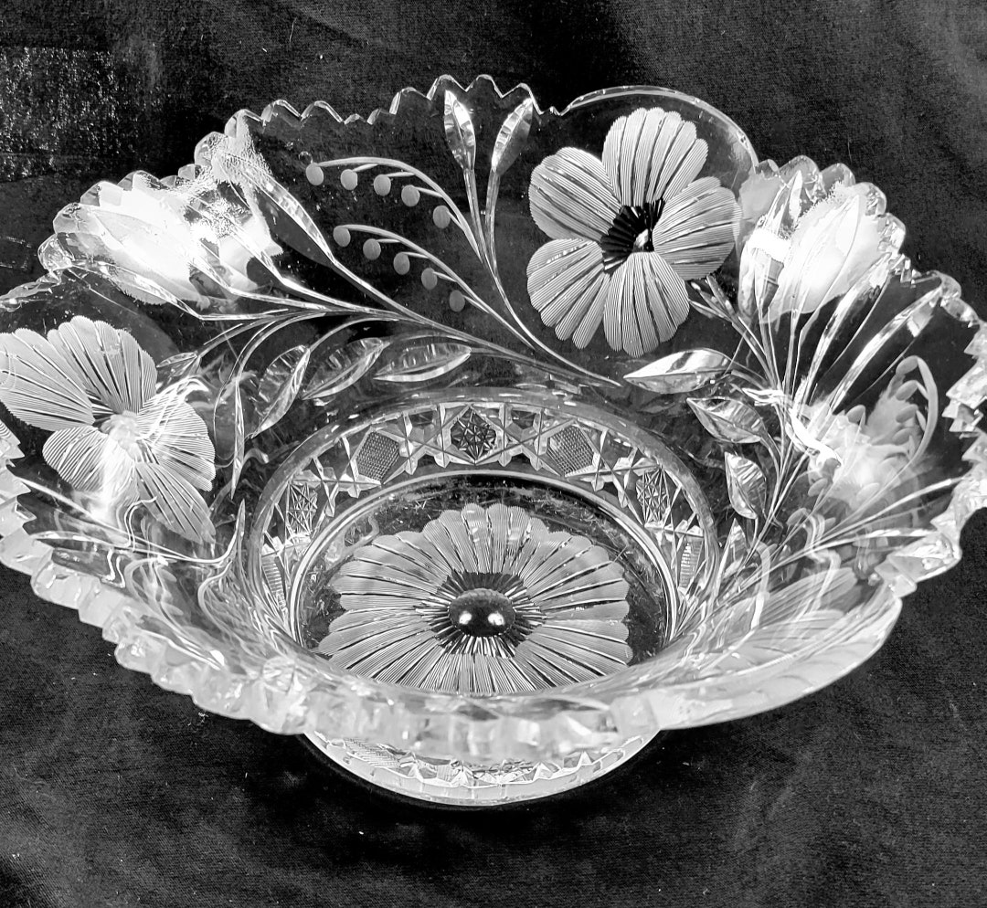 Vintage Cut Crystal Bowl With Floral Design Etsy