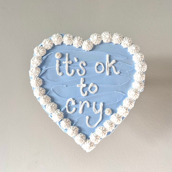 Heart Fake Cake Art, It’s Ok to Cry, Blue Icing 8 inch Wall Decor, Dummy Cake