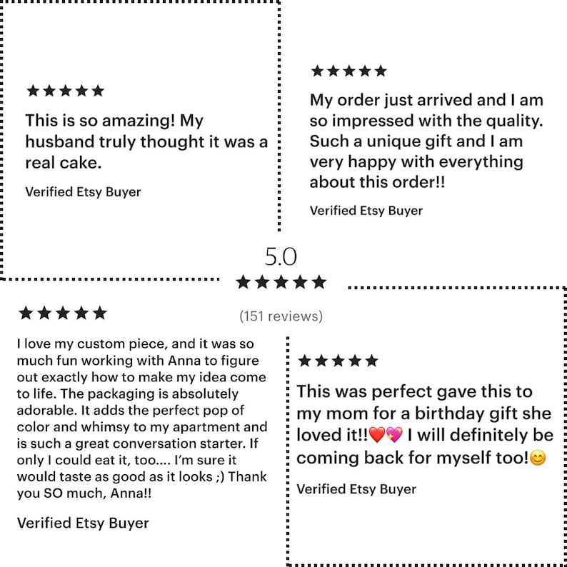 May include: Image of customer reviews with a 5-star rating. The reviews praise the product's quality, uniqueness, and the seller's ability to bring ideas to life. One review mentions a gift for a birthday.