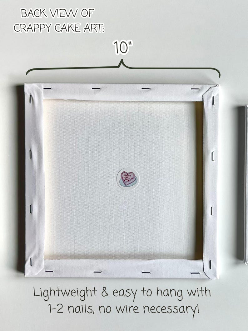 May include: Back view of a square canvas art piece, measuring 10 inches across. The canvas is stretched over a wooden frame and stapled in place. The text "BACK VIEW OF CRAPPY CAKE ART" is at the top, with additional text at the bottom. A small sticker is affixed to the canvas.