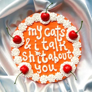 May include: An orange cake decorated with white frosting and red cherries. The cake has the text "my cats & i talk shit about you" written in white frosting. The cake is on a white and blue satin surface.