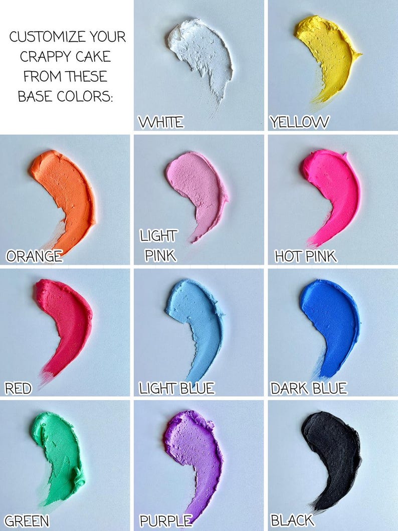 May include: A grid of colorful frosting swatches, including white, yellow, orange, light pink, hot pink, red, light blue, dark blue, green, purple, and black. Text reads "Customize your crappy cake from these base colors:"