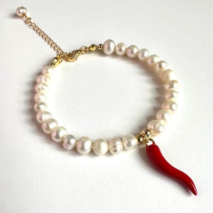 Cornicello Pearl Bracelet: Italian Red Horn Amulet, Good Luck Charm