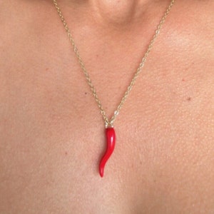 Collar de cuerno rojo italiano: amuleto de cornicello bañado en oro de 14 k