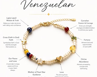 Venezuelan wished,  Pearls bracelet, Flag Charm Bracelet, Tricolor Crystal Beads