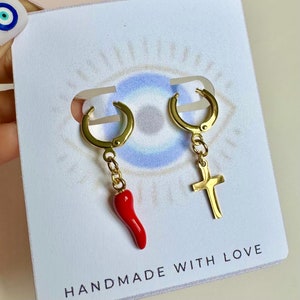 Cornicello Hoop Earrings: 14k Gold Plated Italian Horn Amulet