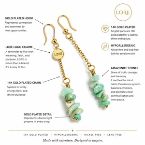 May include: A pair of 14k gold plated drop earrings featuring a gold hook, a small round charm embossed with the text LORE, a gold chain, and a cluster of tumbled light green amazonite stones at the base, finished with a small gold bead detail.