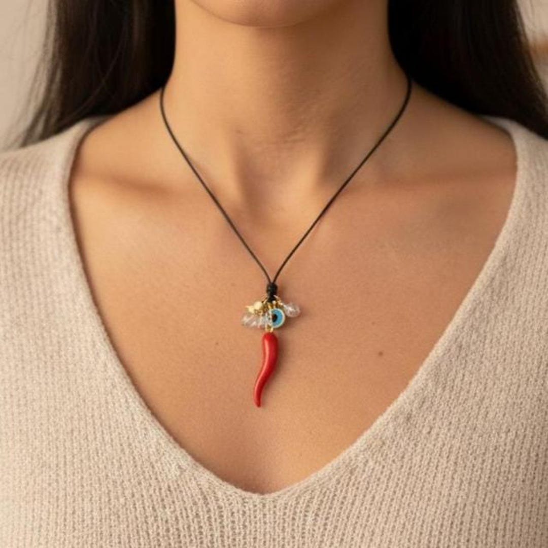Red Cornicello Necklace: Italian Horn Amulet, Good Luck Charm, 18
