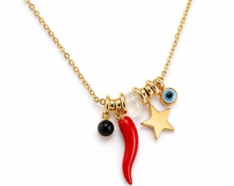 Collier Portafortuna en corne italienne : quartz rose, onix et breloque mauvais œil