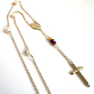 14K Goldplated Venezuelan Rosary Necklace: Tricolor Pearl Cross
