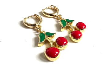 14K Gold Plated Cherry Earrings, Cute Fruit Jewelry, Hypoallergenic Earrings for Women, Summer Accessories, Kawaii Gift