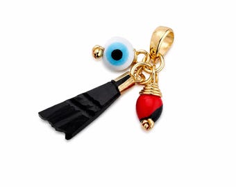 Amulette Azabache, véritable pendentif jais avec pivoine et mauvais œil – Amulette de protection faite main | Cadeau spirituel