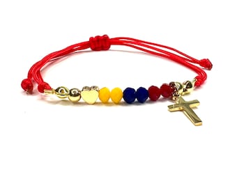 Venezuelan Bracelet: Tricolor Crystal, Gold Cross Charm, Adjustable. Hasta el final, Gift for venezuelan people