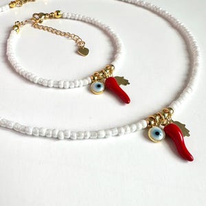 Cornicello Necklace and Bracelet Set: 14k Goldplated Italian Good Luck Charm