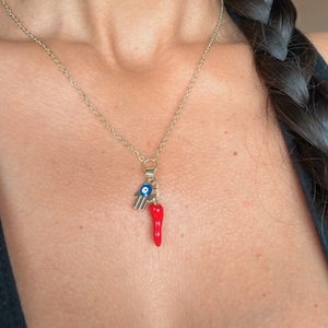 Italian Red Horn Necklace , 14k Gold Plated Cornicello Good Luck Pendant, Gift for Women, Hypoallergenic,Italian Amulet Protection 18 inch