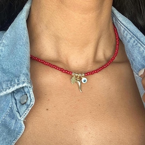 14k Gold Plated Cornicello Choker: Red Amulet Protection Necklace