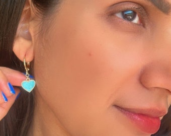 Créoles coeur turquoise bleu, argent sterling plaqué or, hypoallergénique
