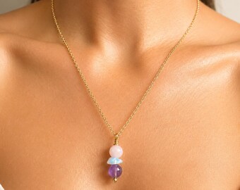 Collar de ansiedad chapado en oro de 14 k: amatista, cuarzo rosa y cristal