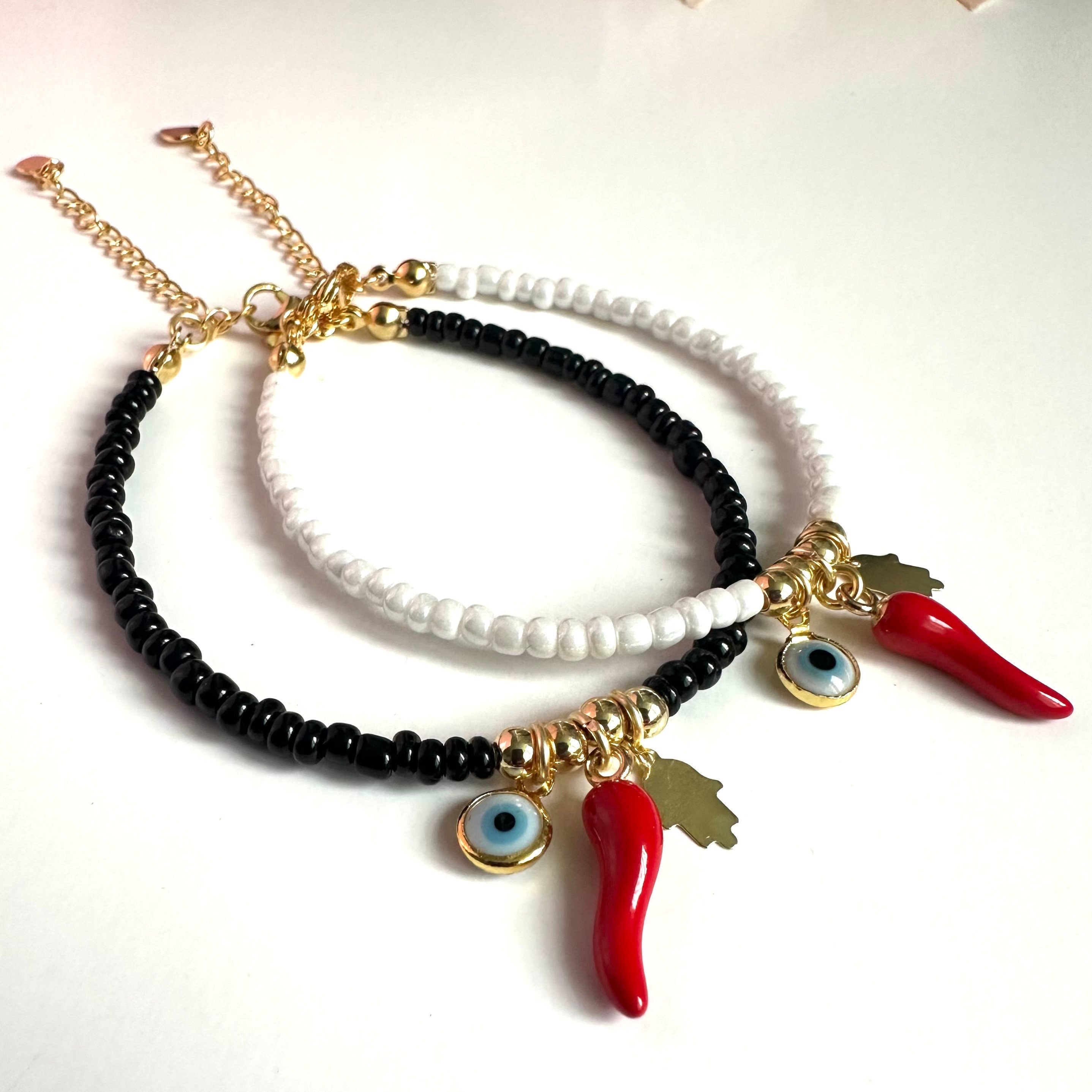 Bracelet De Cheville Corne Italienne & Mano Cornuto – Argent 925 Plaqué Main, Porte-Bonheur Anti Mauvais Œil, 23+5 Cm, Pour Femme & Fille