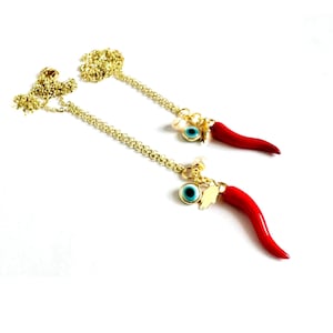 Best friends amulets, 2 Italian Red Horn Necklace, 14k Gold Plated Cornicello Good Luck Pendant, red chile necklace, Italian Amulet Protecti