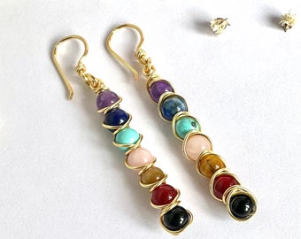 Gold Plated 7 Chakra Earrings: Natural Stone Spiritual Jewelry