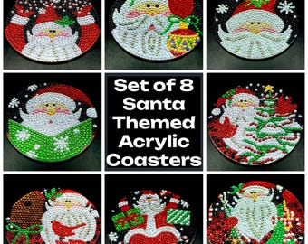 Finished Diamond Art - Santa - Acrylic Coasters  with Decorative Holder - Set of 8