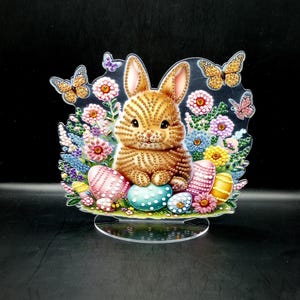 FINISHED DIAMOND ART - Easter Bunny with Easter eggs, Butterflies and Flowers Acrylic Tabletop