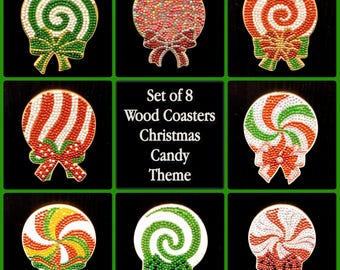 Finished Diamond Art - Christmas Candy Theme Wood Coasters  w/Holder - Set of 8