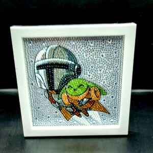 FINISHED Diamond Art = Baby Yoda with Mandalorian Picture in a Frame