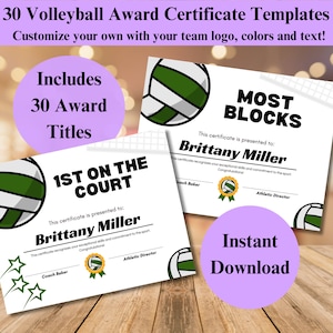 End of Season Volleyball Awards, Editable Volleyball Award Certificates, Volleyball Awards, Volleyball Template, Green