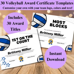 End of Season Volleyball Awards, Editable Volleyball Award Certificates, Volleyball Awards, Volleyball Template, Blue