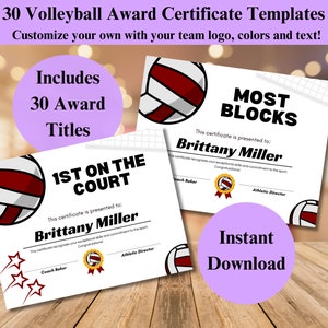 End of Season Volleyball Awards, Editable Volleyball Award Certificates, Volleyball Awards, Volleyball Template, Maroon