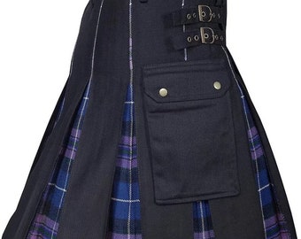 Handmade Men's Cotton Hybrid Kilt Black Scottish utility Kilt With Different Clan Tartan Pleats