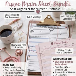 Nurse Brain Sheet Bundle | ICU Med Surg Tele Shift Organizer (PDF)