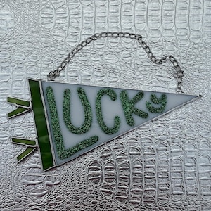 Sparkly Green Lucky Flag Pennant, St. Patricks Day Wall Collage Decor, Fun and Bold Sun catcher, Stained Glass Flag Pendant, Window Decor