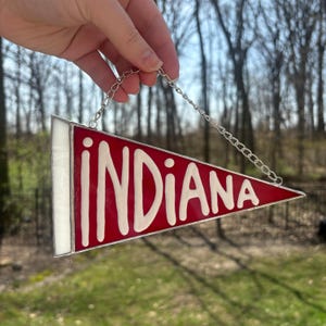 Indiana Stained Glass Pennant Flag, Housewarming Indiana Gift, White and Red Window Decor, Handmade Sun Catcher