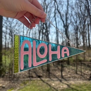 Aloha Stained Glass Pennant Flag, Colorful Window Decor, Handmade Beach Sun Catcher, Housewarming Hawaii Gift