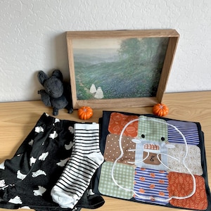 May include: A Halloween-themed arrangement featuring a framed landscape painting, a plush bat, miniature pumpkins, black leggings with white ghost prints, striped socks, and a patchwork ghost design on a black background.