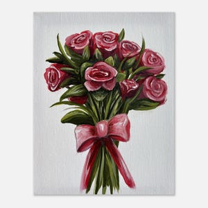Elegante póster de ramo de rosas con lazo rosa. Impresionante impresión floral. Regalo perfecto para los amantes de las flores.