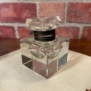 Vintage Antique Clear Glass Inkwell with Glass Lid