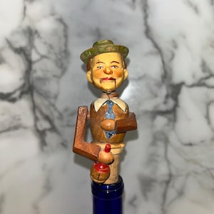 Vintage ANRI Bottle Stopper Topper Carved Wooden Mechanical Man Drinking Wine Whiskey Liquor
