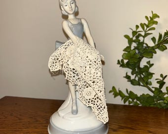以下が含まれることがあります： 薄い青色のドレスを着た女性の磁器製フィギュア。クリーム色のレースのショールを持っています。フィギュアは顔が細かく、白とグレーの台座に取り付けられています。全体の高さは約20cmです。