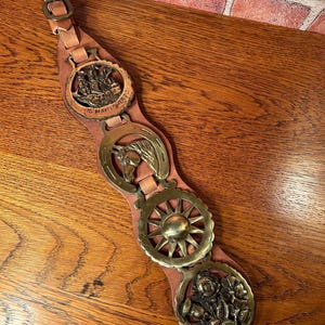 Vintage Antique Horse Harness Brass Medallions on Leather Strap