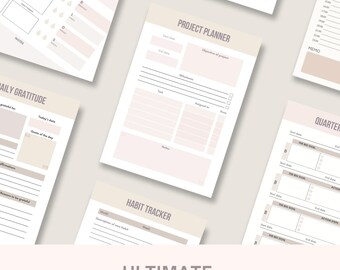May include: A collection of printable planner pages in soft beige and white tones. The pages include sections for daily gratitude, project planning, habit tracking, and to-do lists. The text "ULTIMATE WORK-FROM-HOME PRODUCTIVITY PLANNER" is displayed at the bottom.