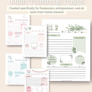 以下が含まれることがあります： 花柄と緑色のイラストが描かれた、印刷可能なデイリープランナーページが4枚。各ページには、「今日」、「優先事項」、「プロジェクト」、「覚えておくこと」のセクションがあります。このページは、フリーランサー、起業家、在宅勤務者向けにデザインされています。