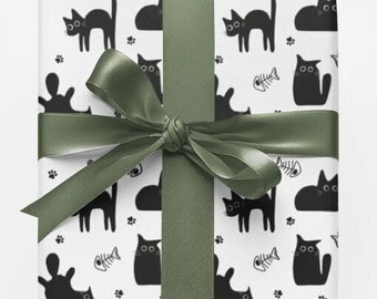 Black Cat Wrapping Paper | Paw Fish Bones