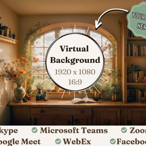 May include: A virtual background image featuring a cozy room with a large arched window, a bookshelf filled with books, a wooden desk with a vase of flowers, and a book on the desk. The text "Virtual Background" is displayed in a circle with the resolution "1920 x 1080" and aspect ratio "16:9".